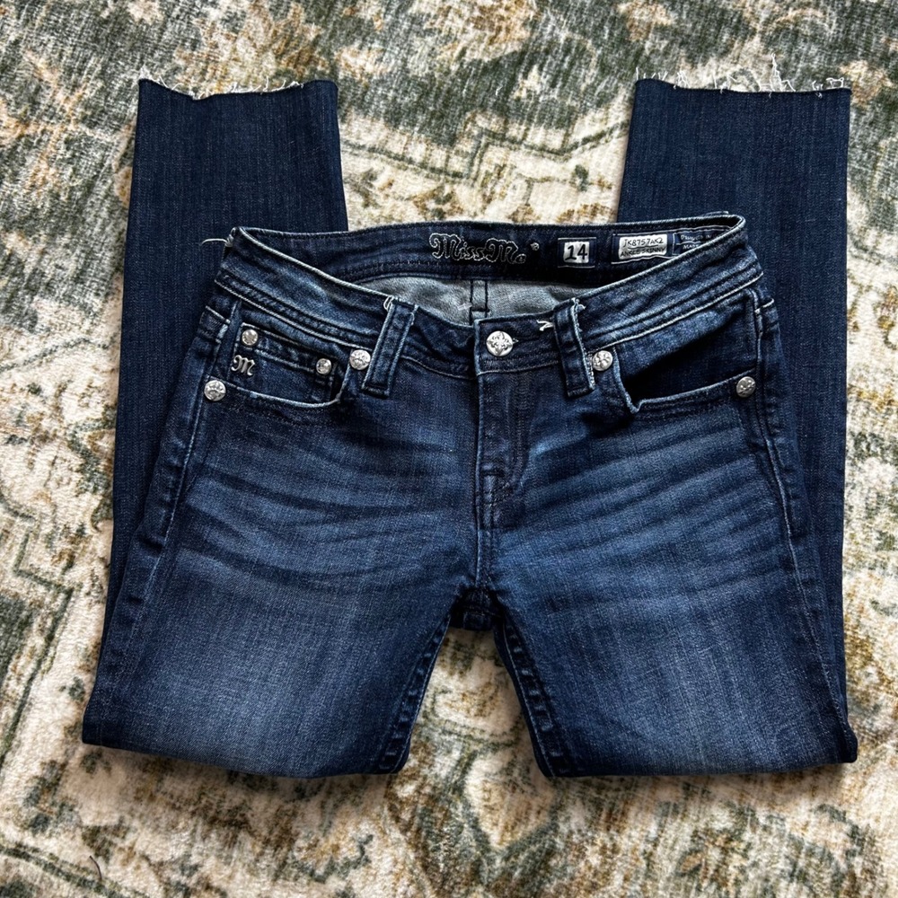 Miss me girls size 14 skinnies dark wash raw hem